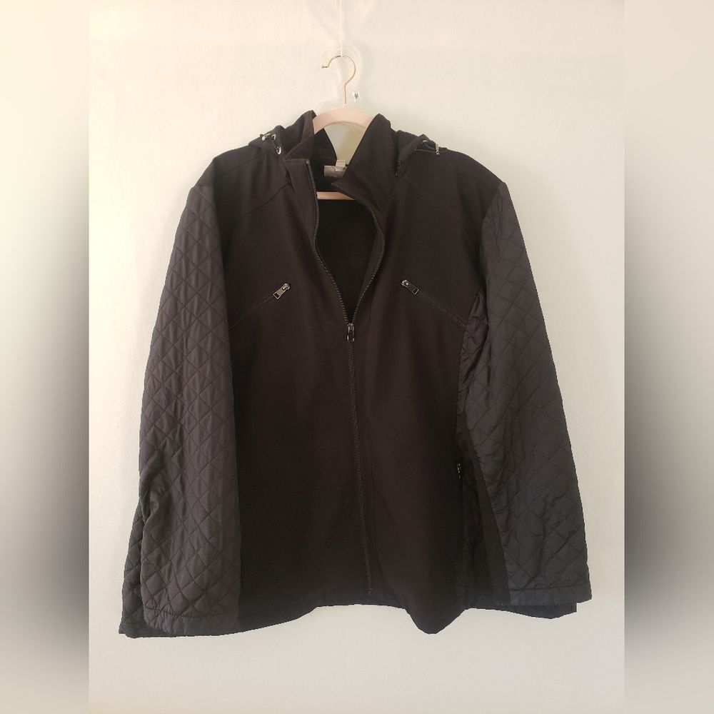 Womens Avenue Black Quilted Sleeve Zip-Up Hooded Coat Size 5X Lined Moto Utility